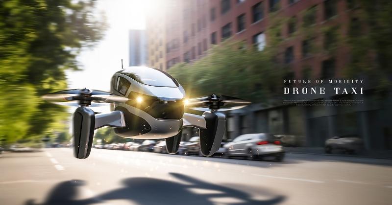 写真は、ドローンタクシー＝アイクリックアート（上の写真は著作権法に基づき、無断転載・再配布を禁じます）