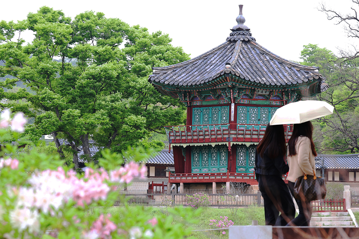 二十四節気の穀雨（こくう）を迎えた２０日、春雨が降り百穀を潤すとされる時期に、ソウル・景福宮（キョンボックン）を訪れた傘を差して歩く外国人観光客。