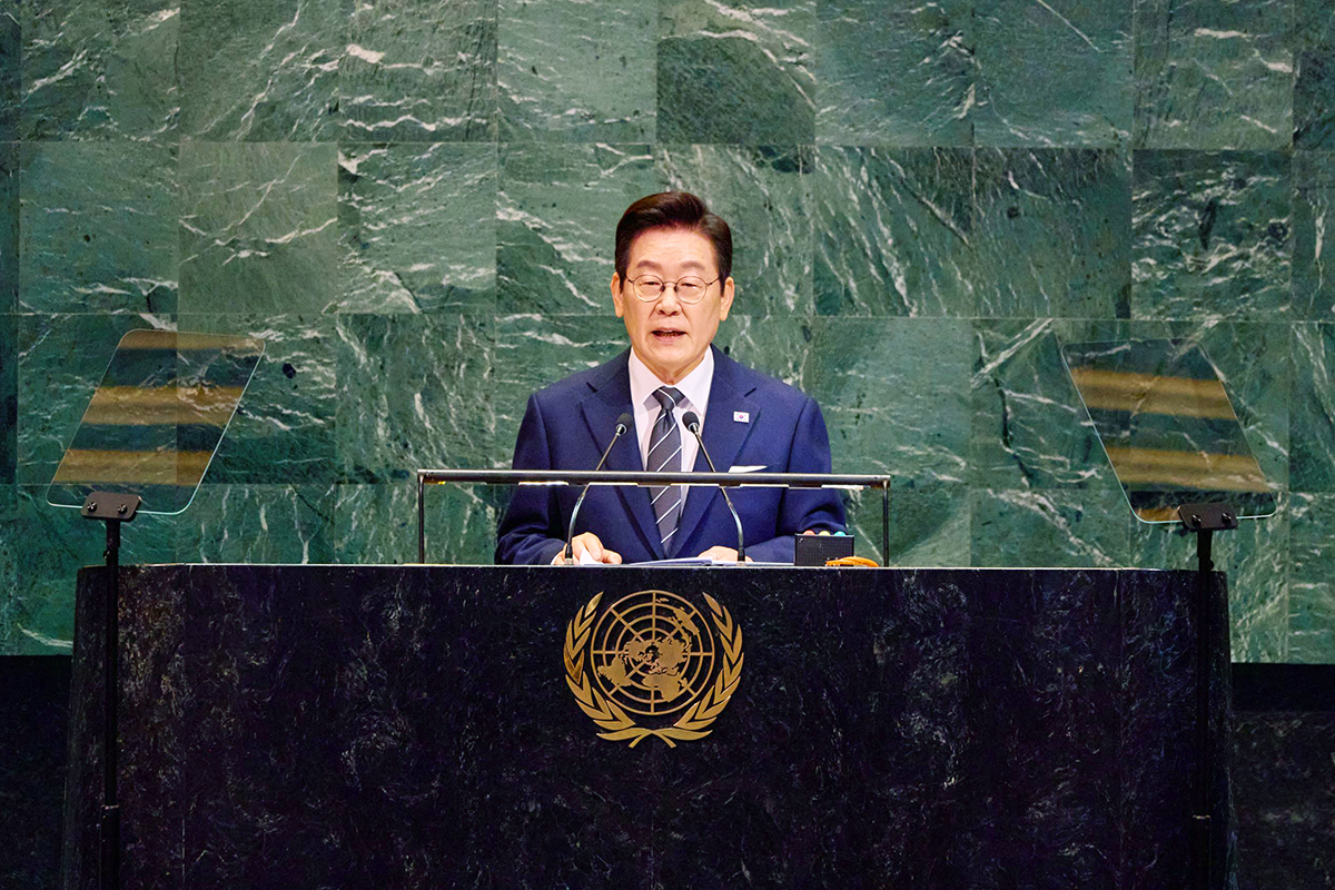 米国の国連本部で「第８０回国連総会基調演説」を行う李大統領＝２０２５年９月２４日、ニューヨーク、大韓民国 青瓦台