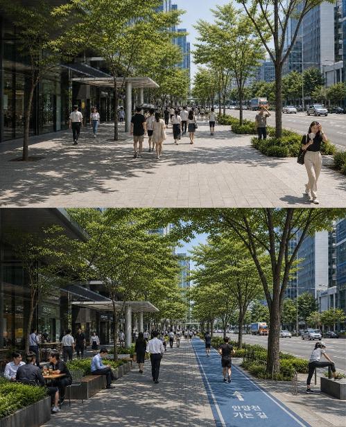 Ｇバレー一帯の現在の様子（上）と、「日陰歩行権」モデル事業実施後のイメージ＝ソウル市