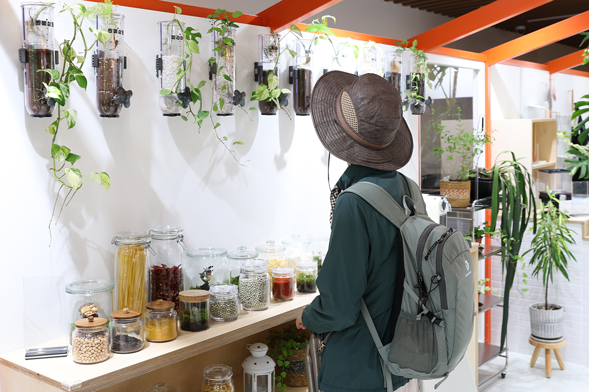７日、ソウル・江西区のソウル植物園で開かれた企画展。キッチンやベッドのそば、机の上など、暮らしの中に植物を取り入れた空間が並ぶ。